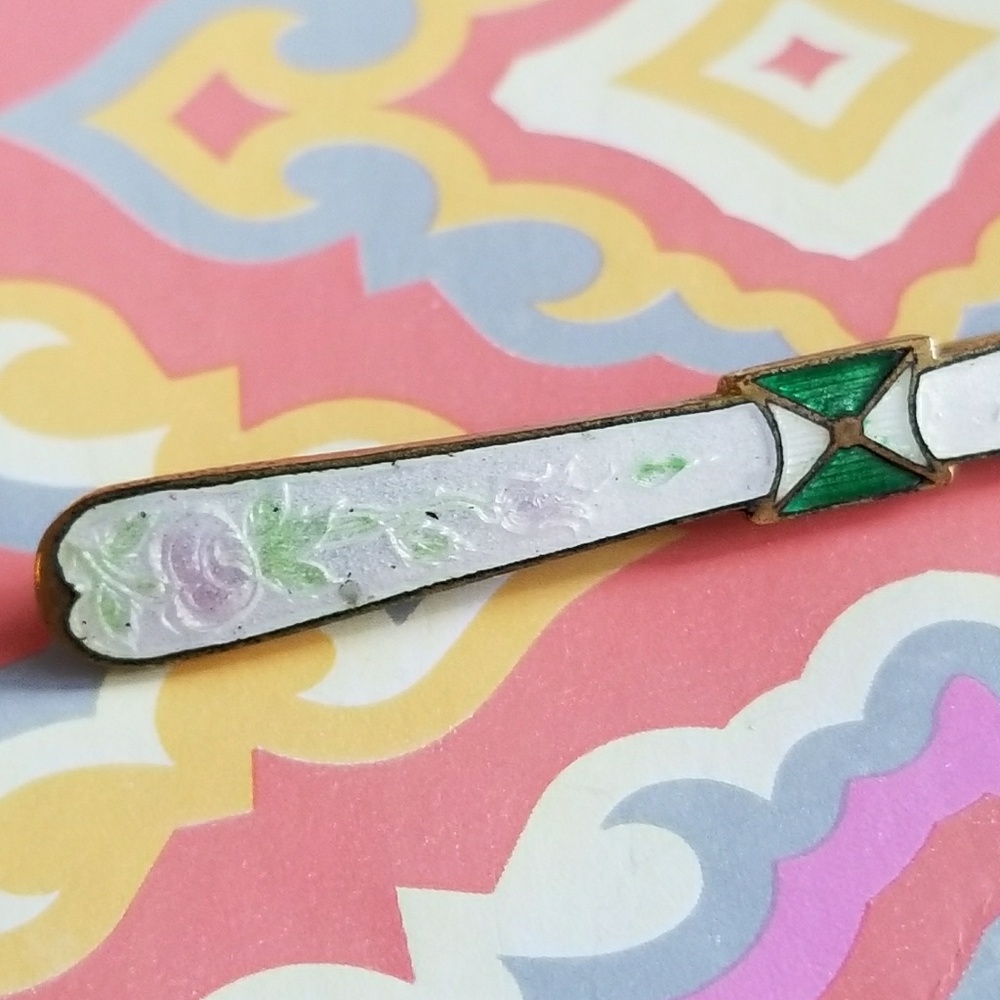 Relisted - Antique pastel rose green guilloche enamel bar pin - Picture 5 of 7